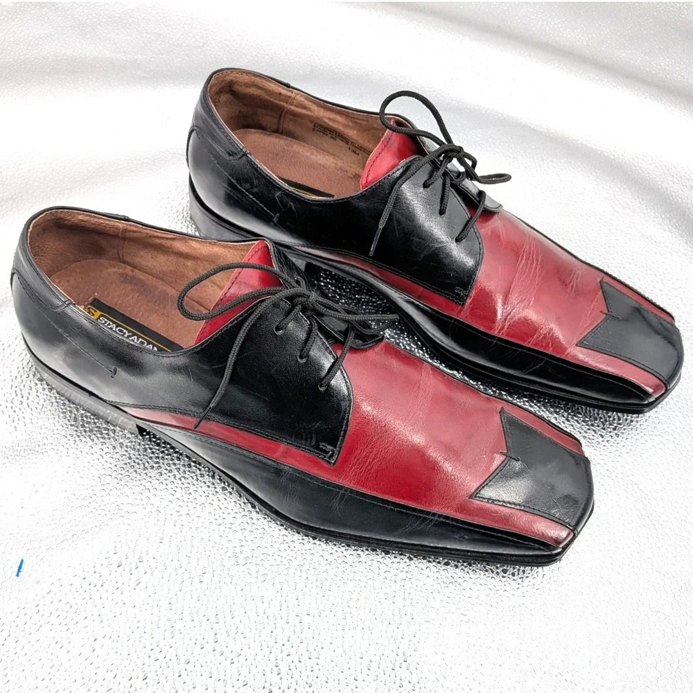 Stacy Adams Mens 13M Leather Oxford Shoes Black Burgundy Square Toe Two Tone